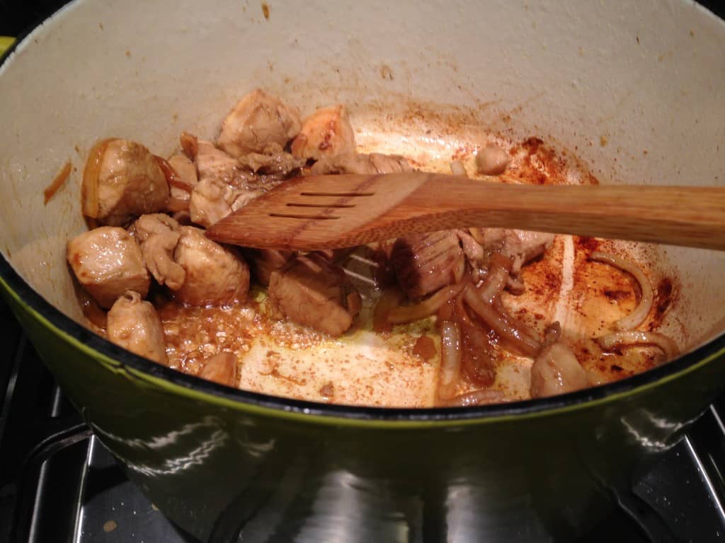 Browning chicken for adobo.
