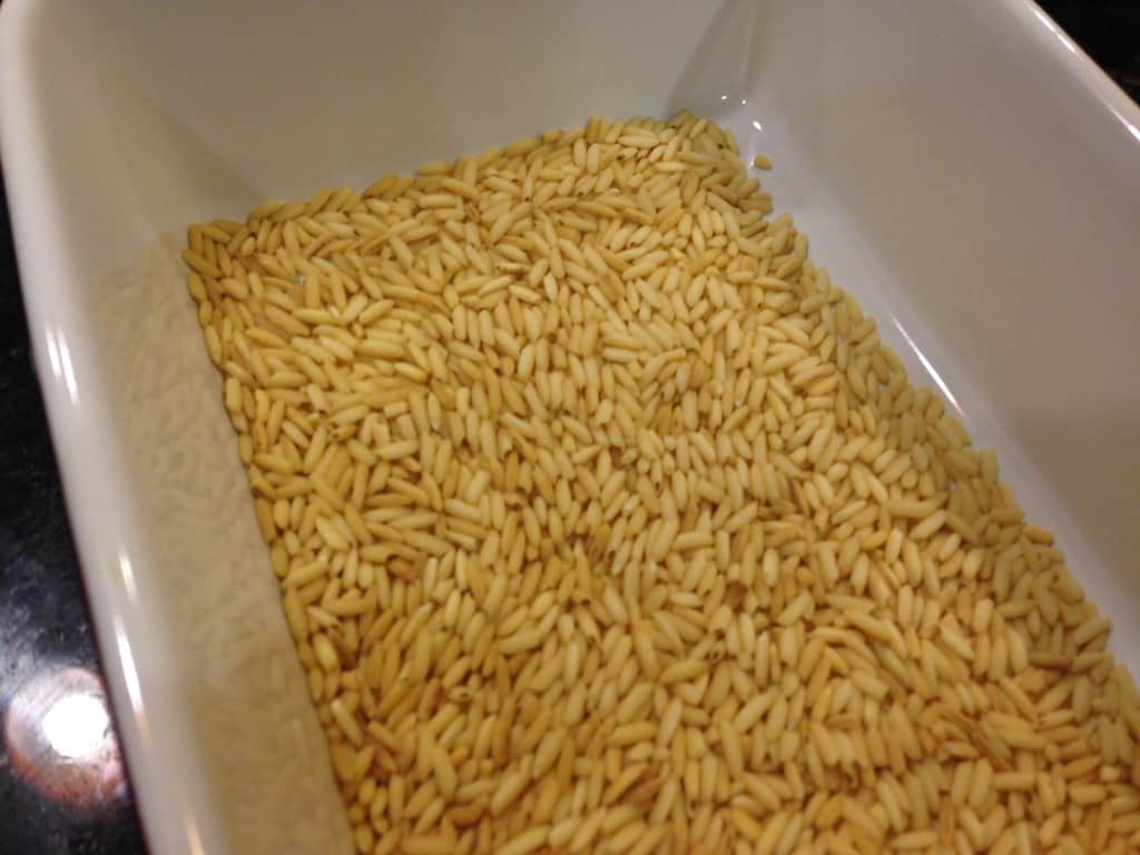 Oven-toasted white rice.
