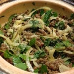 Finished ground-beef larb with basil, mint, and ground toasted rice