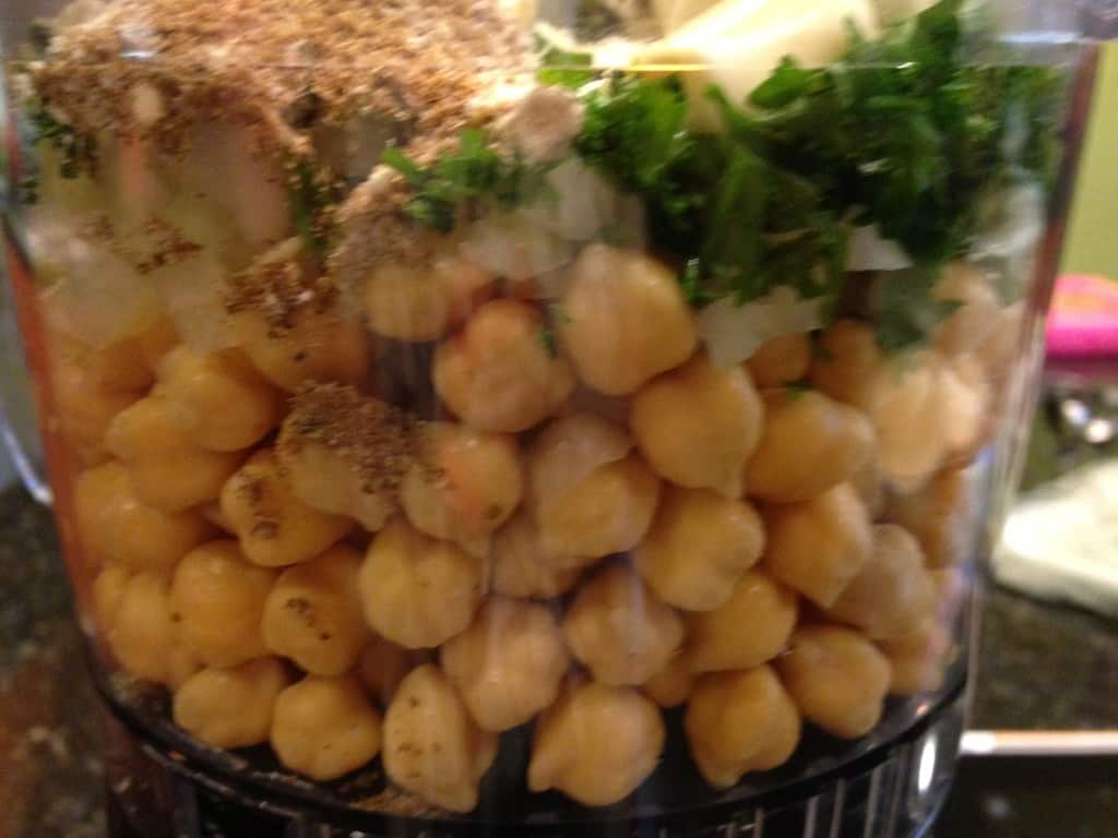 Falafel ingredients in the food processor.