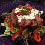 Steak salad with roasted peppers and green goddess dressing.