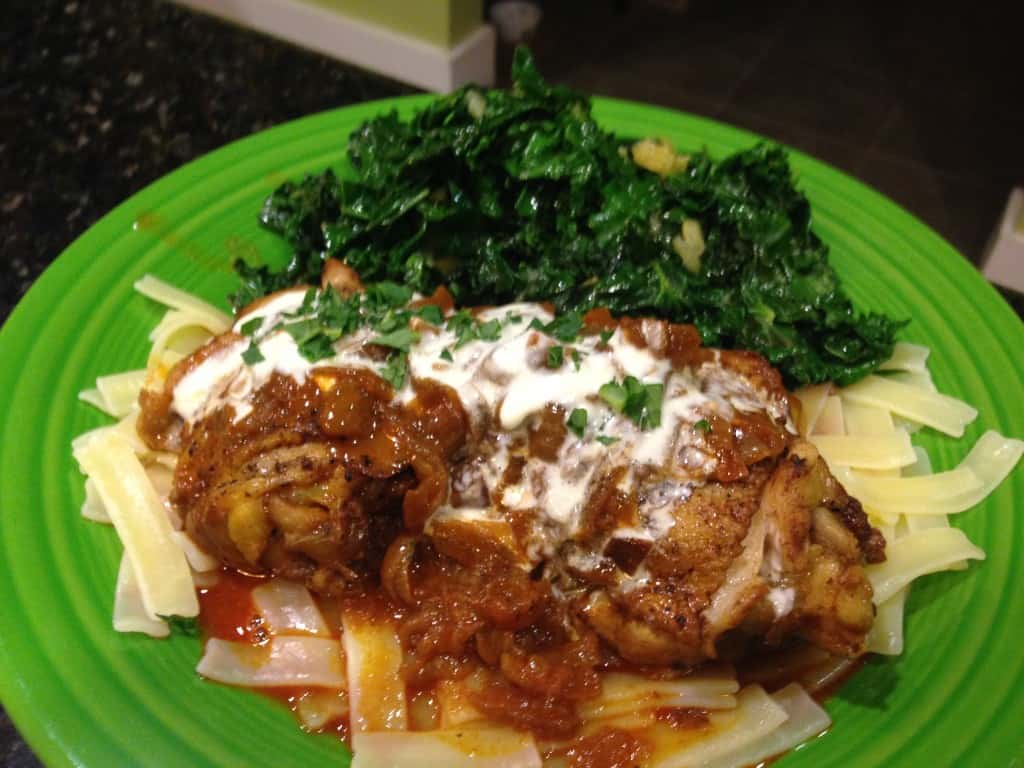Chicken Paprikash over gluten-free noodles. On the side is a kale salad.